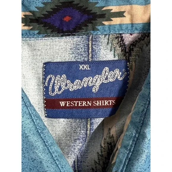 VTG Wrangler Pearl Snap Shirt Mens Size XXL Blue Geometric Rodeo Western Cowboy